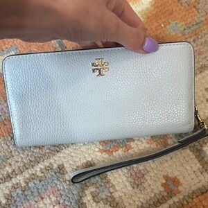 Tory Burch Sky Blue Wristlet with Gold Logo